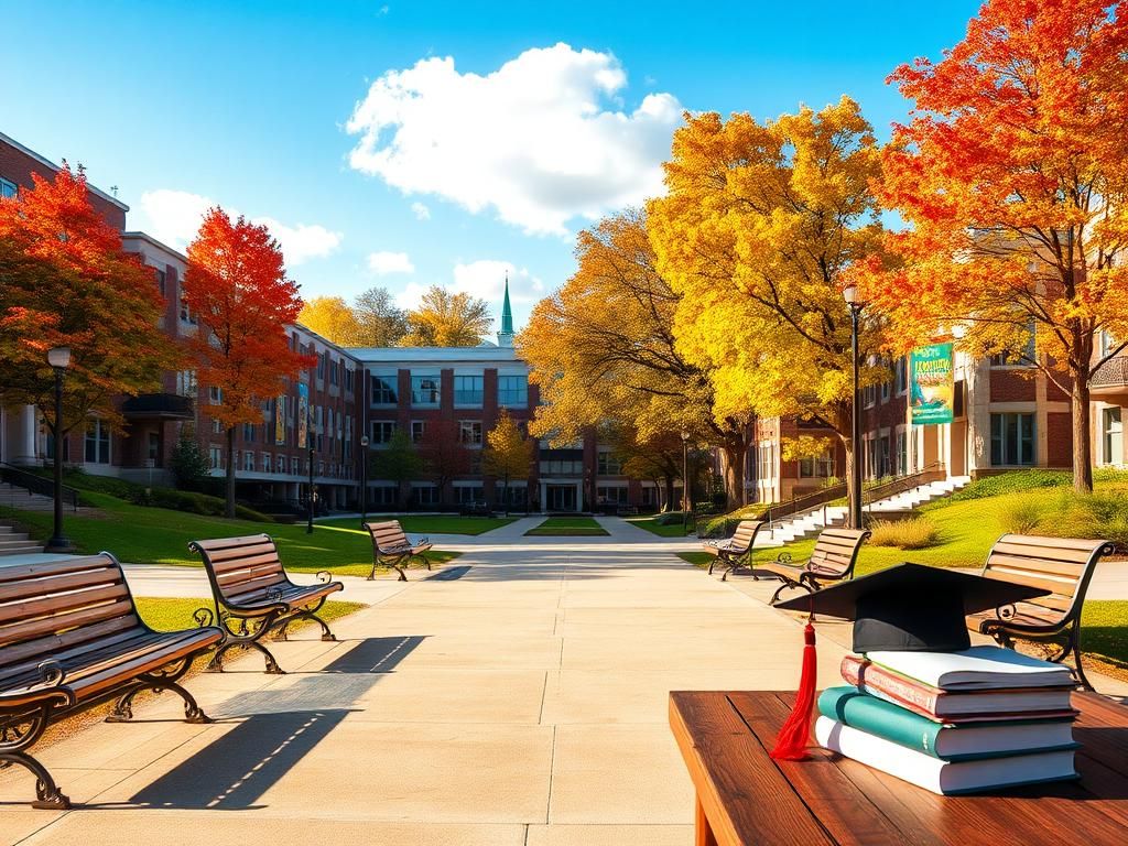 Flick International Autumn college campus scene with modern academic buildings and 'Tuition Freeze' banners