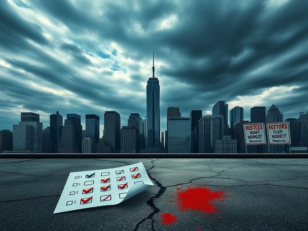 Flick International Dramatic cityscape of New York City featuring the Empire State Building and One World Trade Center with a symbolic voting ballot in the foreground