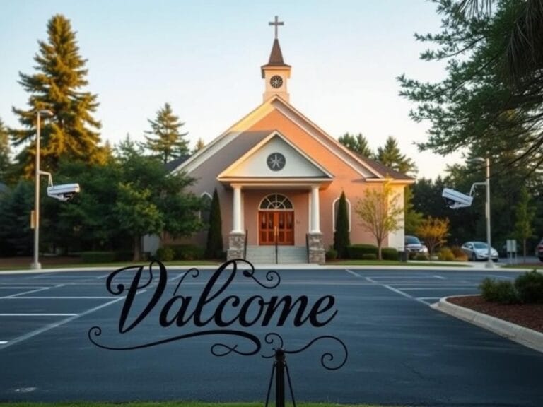 Flick International Serene church building surrounded by lush greenery and a welcoming atmosphere