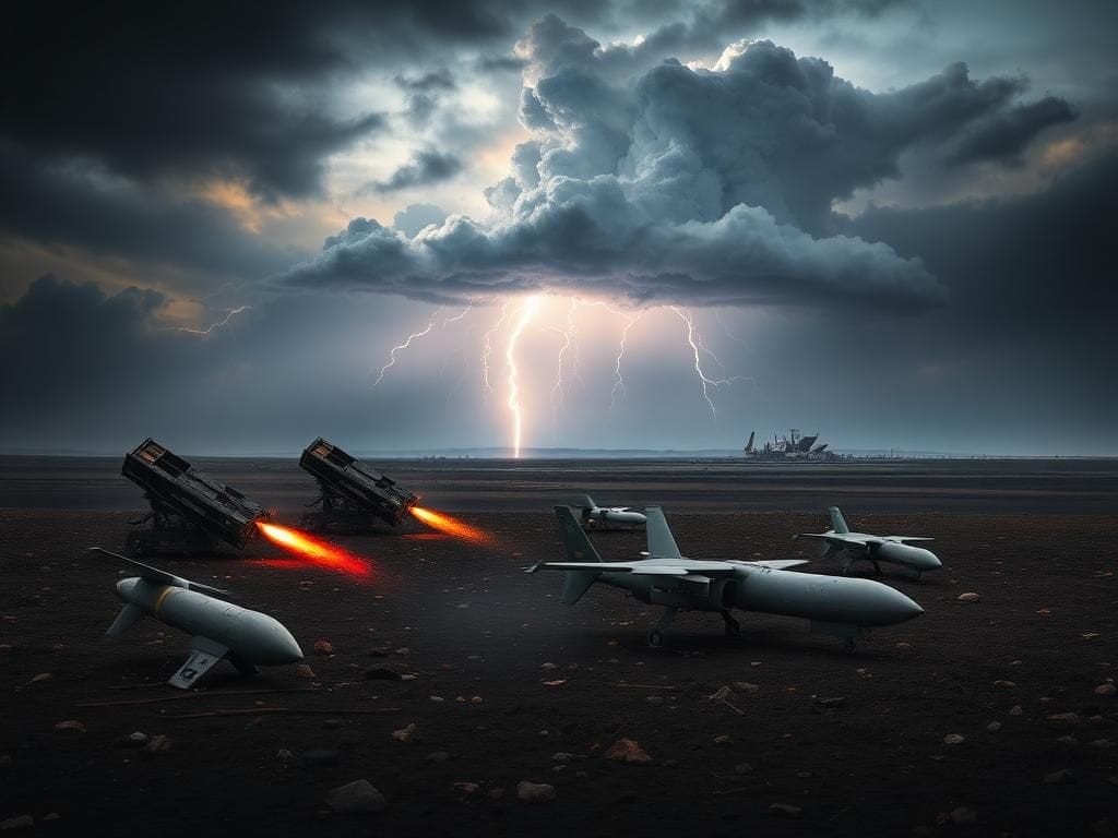 Flick International Scorched battlefield with destroyed missile launchers and drones under a stormy sky