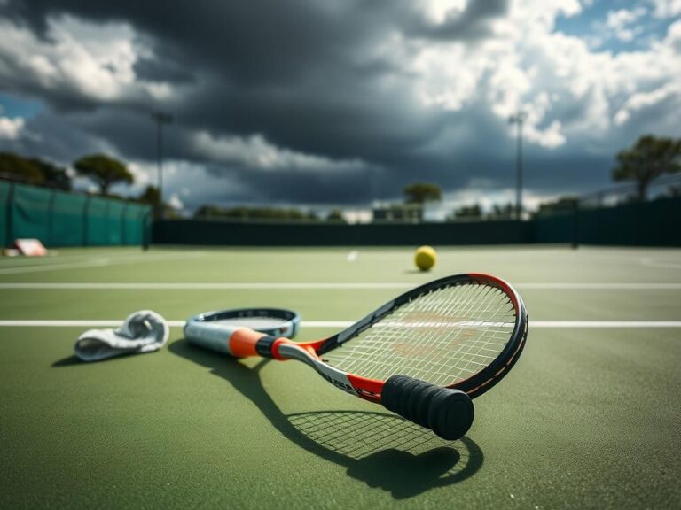 Flick International Close-up of a discarded tennis racquet on a vibrant green court after a match