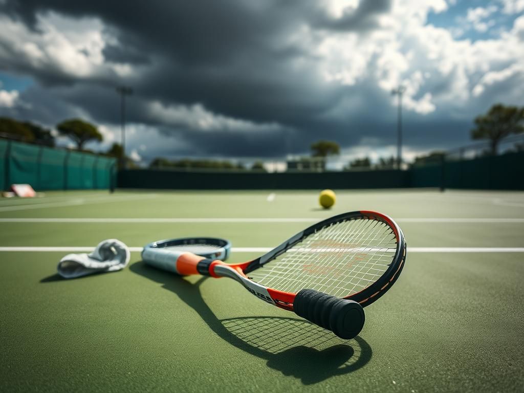 Flick International Close-up of a discarded tennis racquet on a vibrant green court after a match