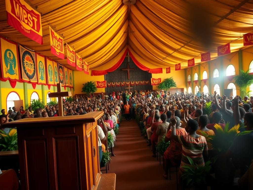 Flick International Vibrant church seminar in the Democratic Republic of the Congo with a wooden pulpit and cheering congregation.