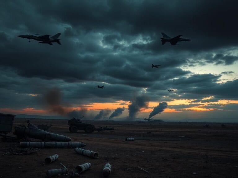 Flick International Dramatic landscape of a desolate battlefield at dusk with fighter jets soaring overhead.