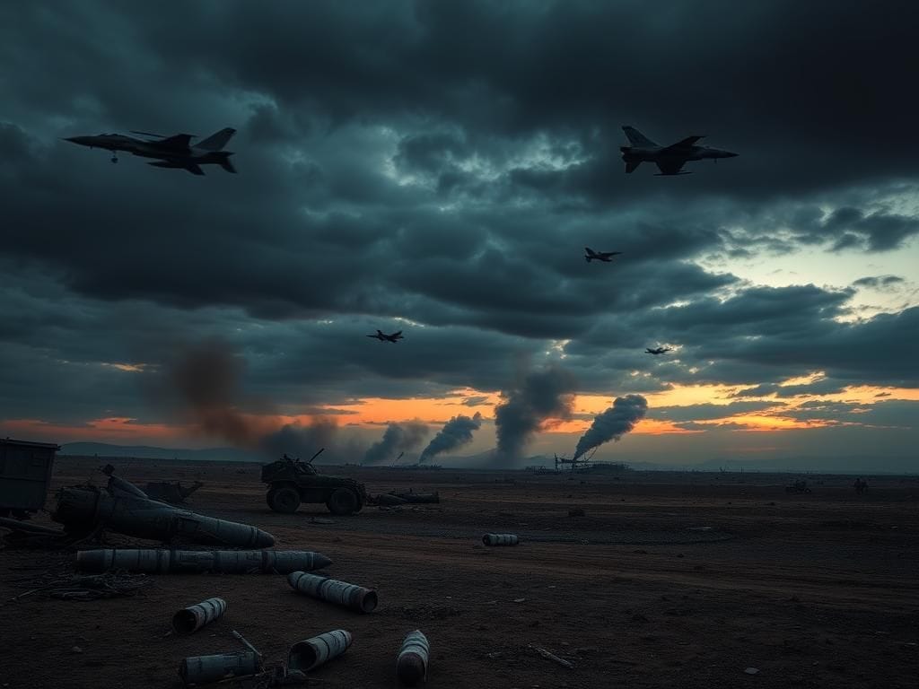 Flick International Dramatic landscape of a desolate battlefield at dusk with fighter jets soaring overhead.