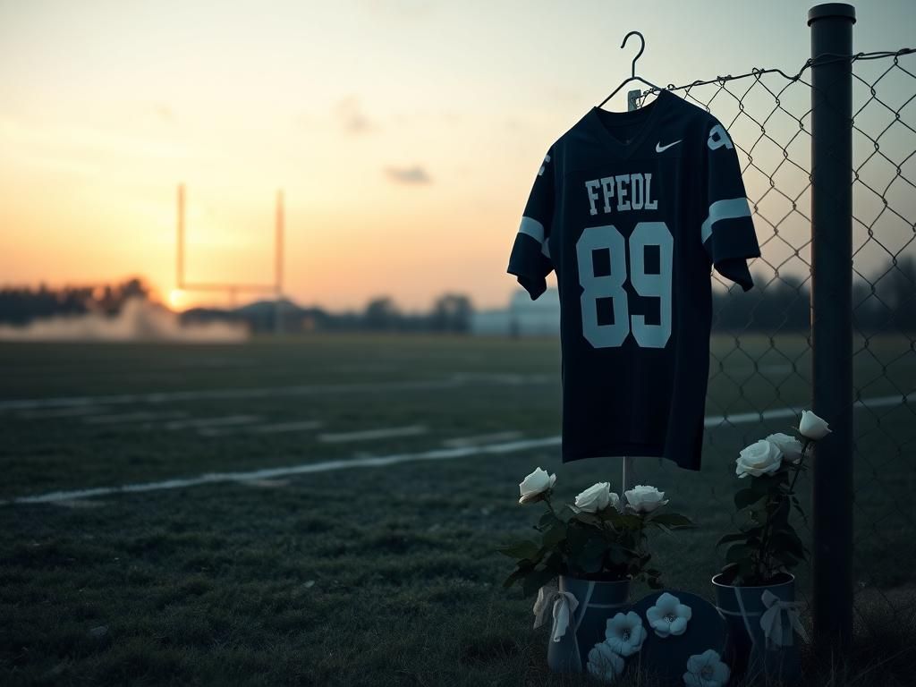 Flick International A deserted football field at dusk with a worn-out jersey hanging on a fence