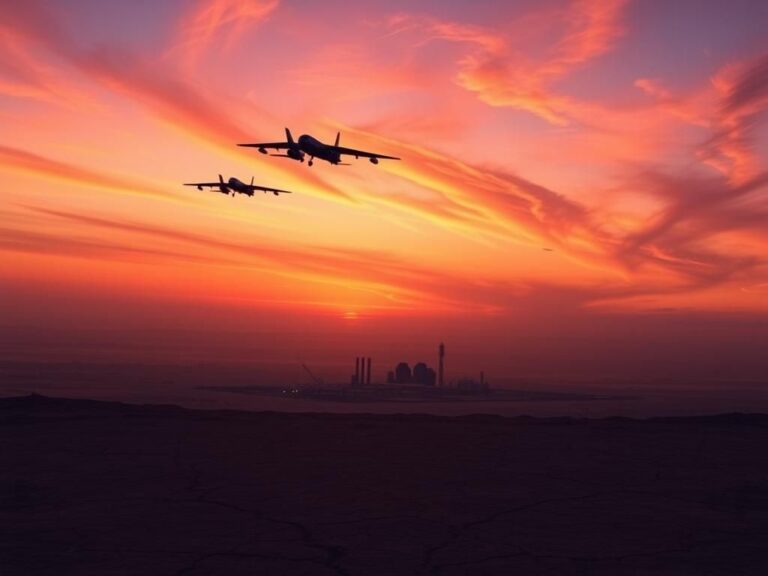 Flick International A dramatic aerial view of B-2 bombers flying over a desert landscape at dusk