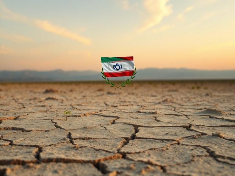 Flick International A serene landscape symbolizing peace with cracked earth, green sprouts, and intertwined Israel and Iran flags