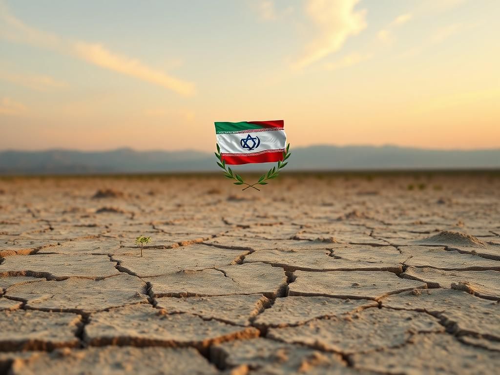 Flick International A serene landscape symbolizing peace with cracked earth, green sprouts, and intertwined Israel and Iran flags