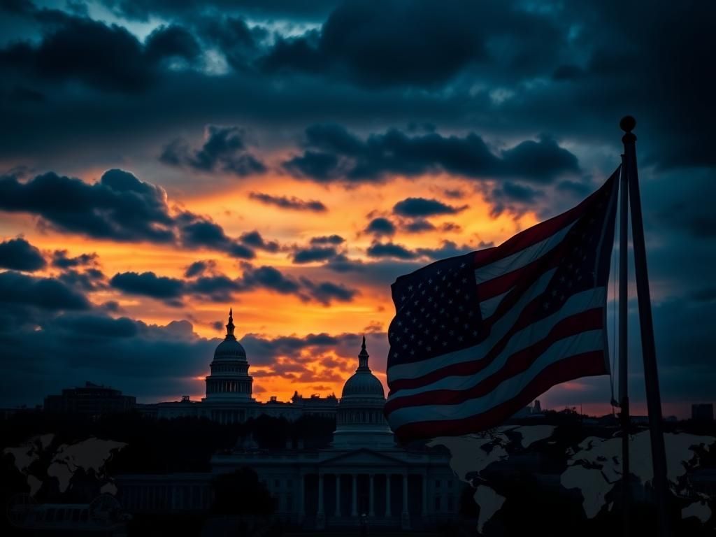 Flick International Dramatic skyline of Washington D.C. at dusk with Capitol Building and White House silhouette
