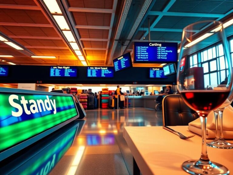 Flick International Empty boarding gate area with a flickering 'Standby' sign and colorful luggage in a bustling airport scene