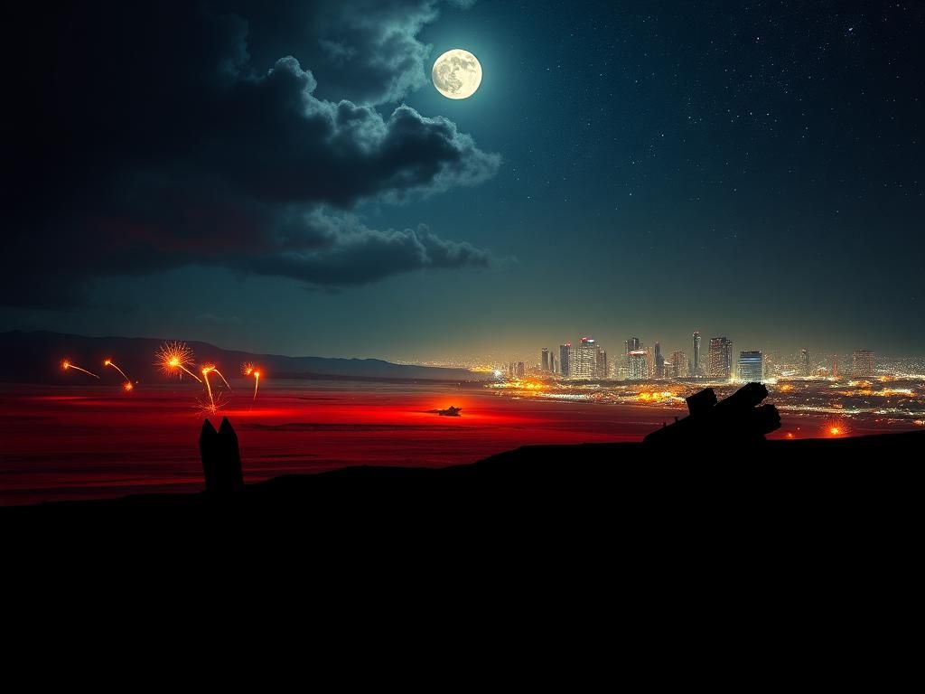 Flick International Dramatic nighttime scene depicting tension between Iran and Israel with a stark desert landscape and urban skyline.