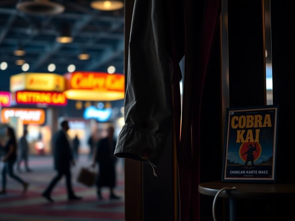 Flick International A close-up of a broken karate gi hanging on a wooden fence with stains, symbolizing tension from a fan convention.