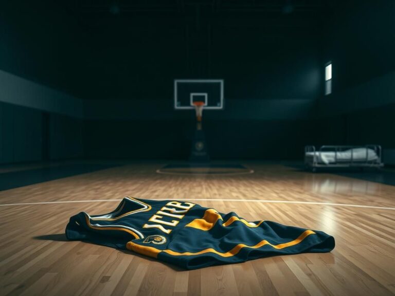 Flick International An empty basketball court with a crumpled Indiana Pacers jersey, symbolizing Tyrese Haliburton's injury