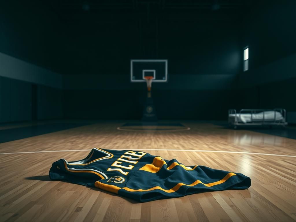 Flick International An empty basketball court with a crumpled Indiana Pacers jersey, symbolizing Tyrese Haliburton's injury