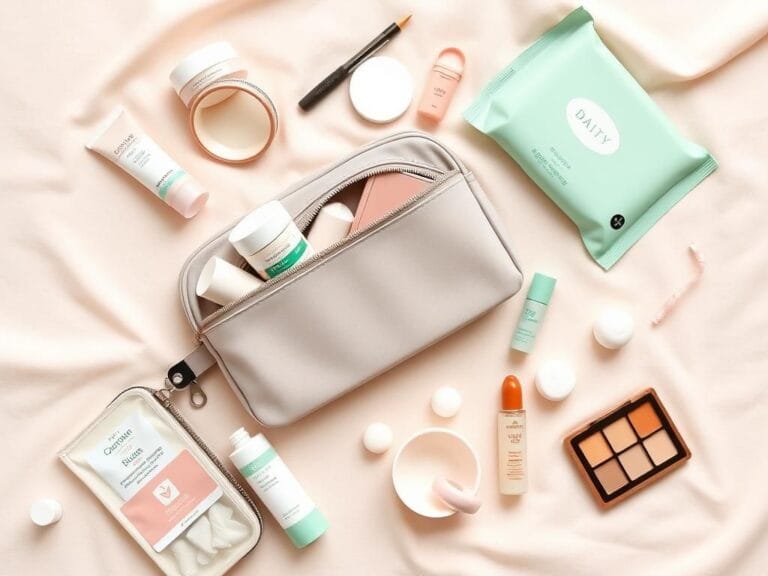 Flick International Stylish flat lay of travel-sized beauty products including compact cleansers and toiletries