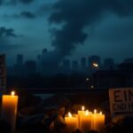 Flick International Candle vigil surrounded by dark stones and protest signs in a dimly lit cityscape
