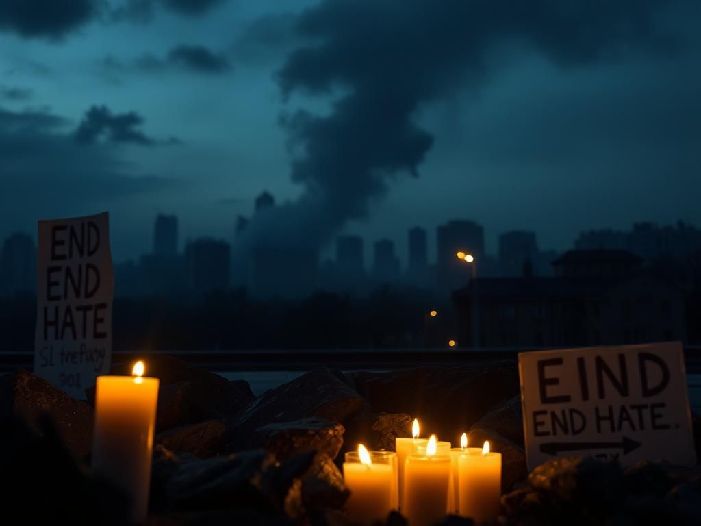 Flick International Candle vigil surrounded by dark stones and protest signs in a dimly lit cityscape