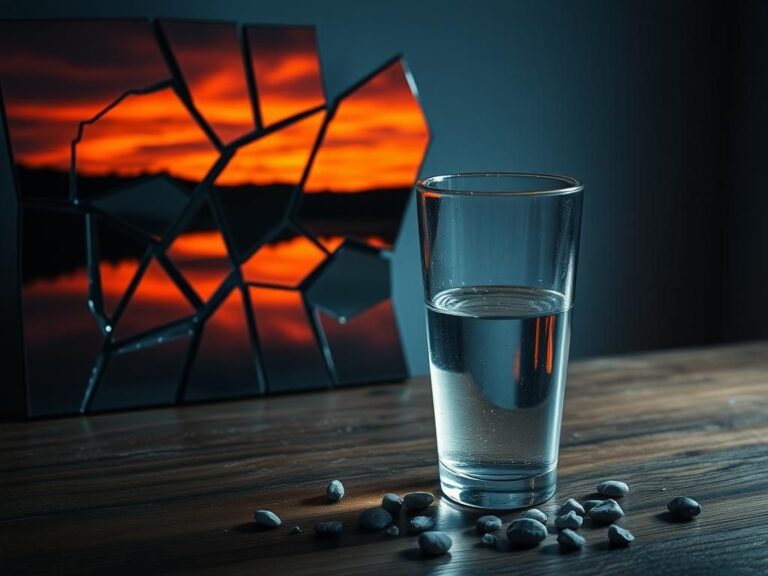 Flick International Broken mirror reflecting a serene landscape symbolizing sobriety