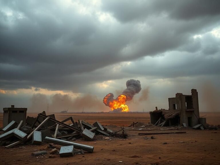 Flick International Desolate landscape with crumbling structures after bombing in Iran