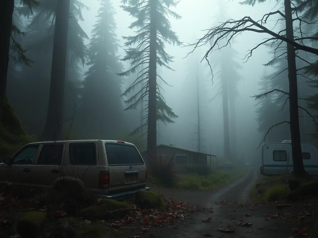 Flick International Abandoned vehicle in a desolate forest representing the manhunt for Travis Decker