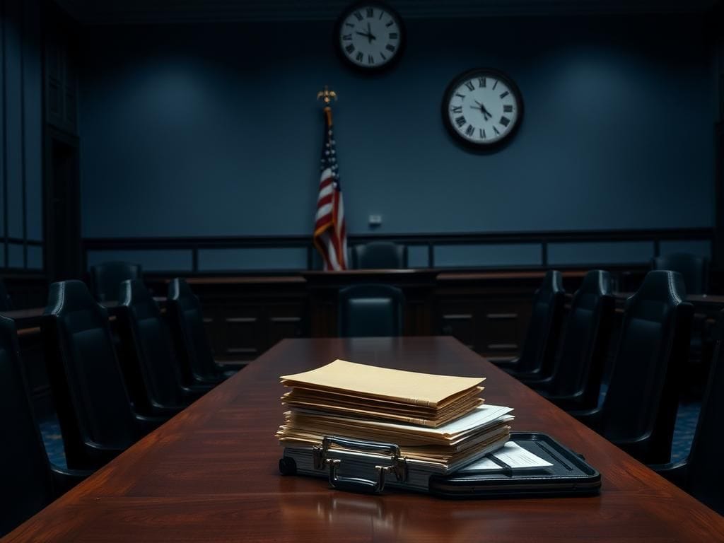 Flick International Dimly lit congressional room with a wooden table and legal documents related to mental fitness discussions