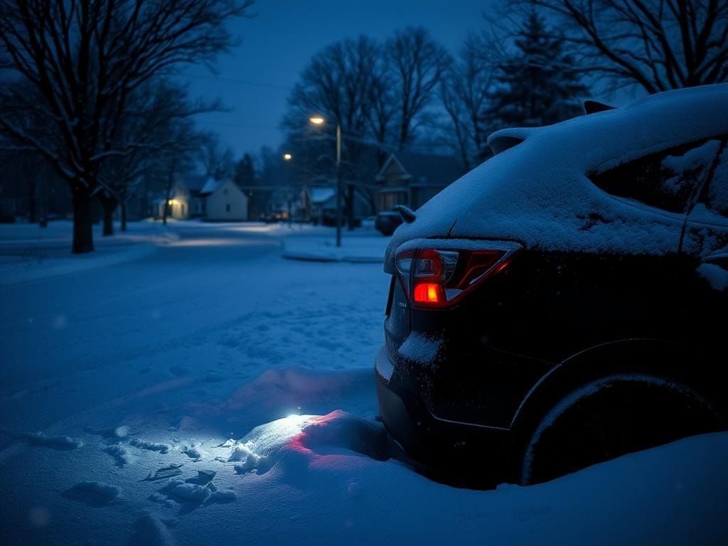Flick International Cold winter scene in Canton, Massachusetts with a partially buried SUV in the snow