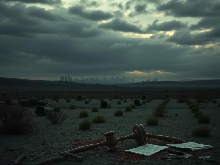 Flick International Stark landscape featuring military equipment and a broken gavel symbolizing presidential authority and conflict