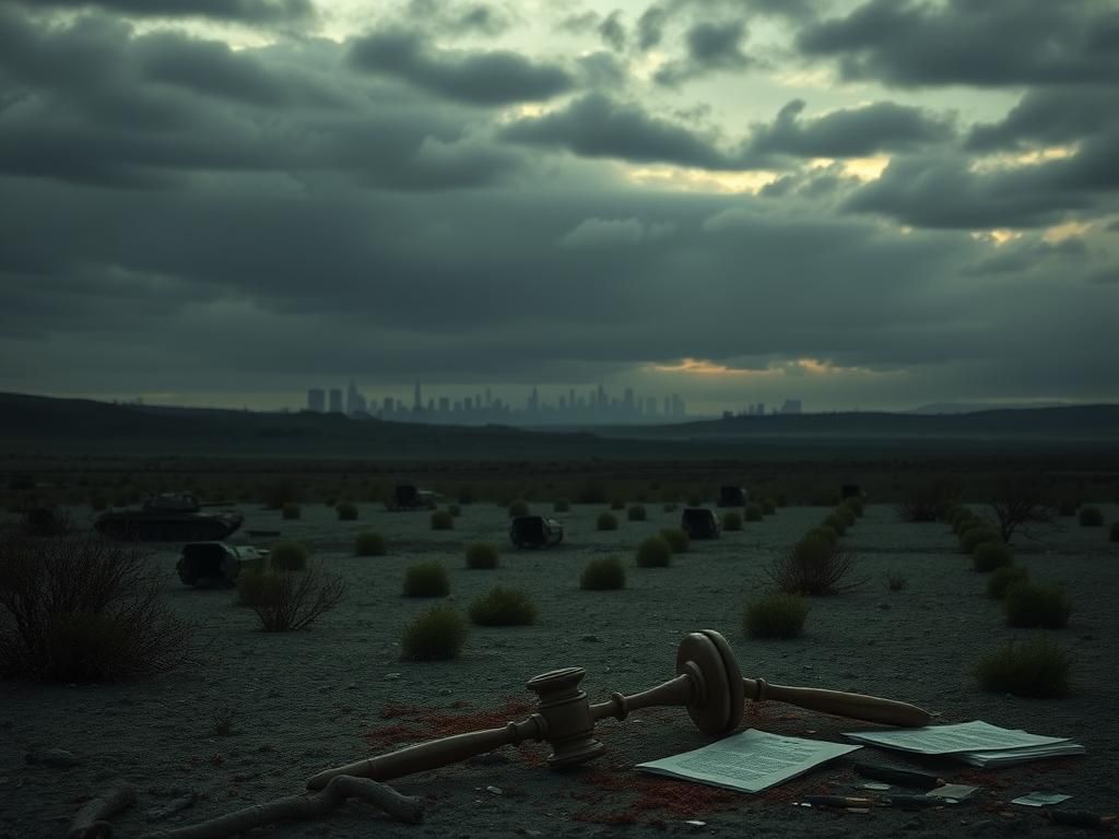 Flick International Stark landscape featuring military equipment and a broken gavel symbolizing presidential authority and conflict