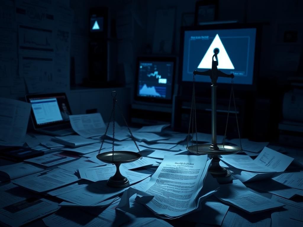 Flick International A darkened room filled with scattered documents and digital screens displaying health data and charts, with a tipped balance scale representing data privacy inequity