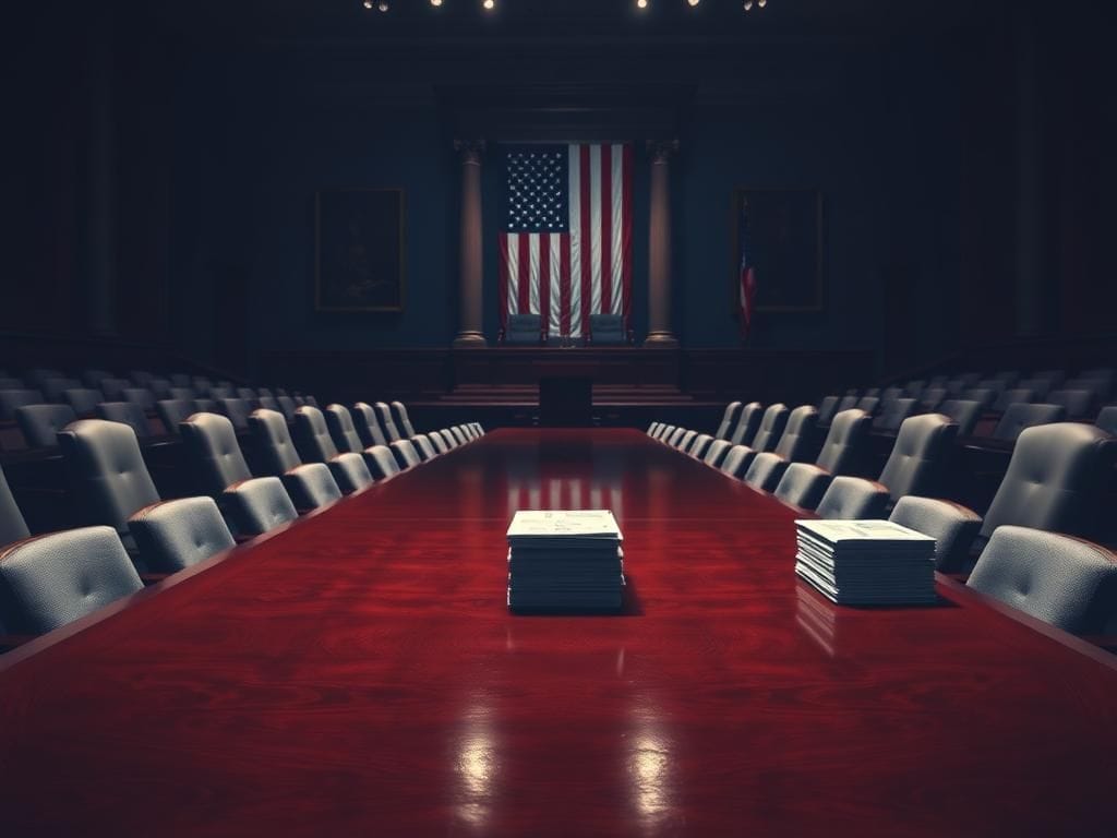 Flick International Empty congressional chamber with polished wooden table and chairs, symbolizing political change