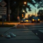 Flick International Abandoned children’s sneakers and wilted flower on a quiet North Carolina street at dusk