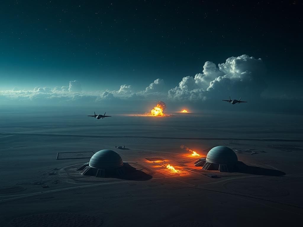 Flick International Aerial view of Iranian nuclear facilities illuminated by explosions