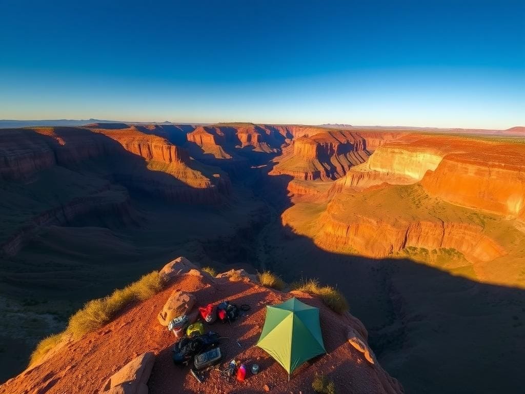 Flick International Aerial view of the Edge of the World campground in Arizona with dramatic cliffs and a deep canyon