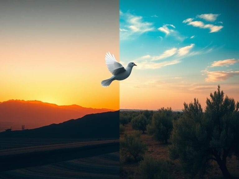 Flick International Split landscape depicting Iran and Israel with a fragile paper dove symbolizing ceasefire