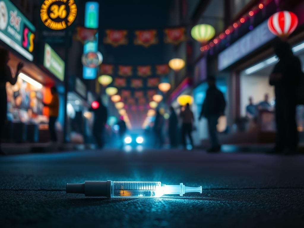 Flick International A darkened city street scene with colorful festival lights and an abandoned syringe on the ground