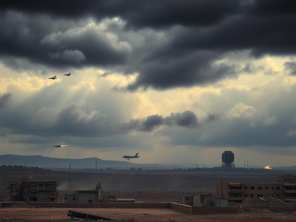 Flick International A dramatic sky over a war-torn cityscape symbolizing conflict tensions