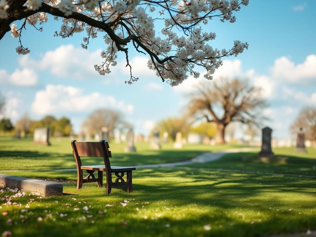 Flick International Serene cemetery scene with cherry blossom tree and gravestones