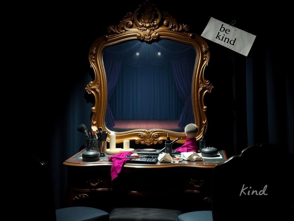 Flick International A vintage vanity table cluttered with makeup tools and hairbrushes reflecting an empty talk show stage