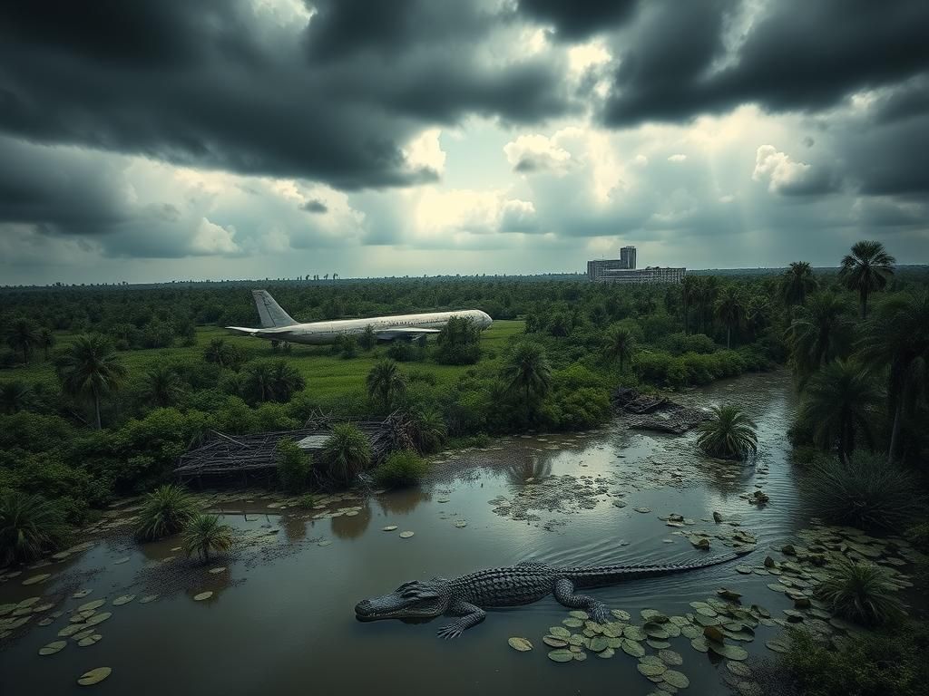 Flick International Alligator partially submerged in a waterway of the Florida Everglades, surrounded by dense vegetation