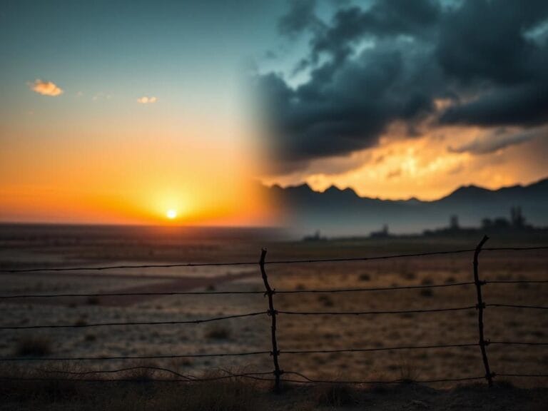 Flick International A dramatic split scene depicting the conflicting landscapes of Israel and Iran under a fragile ceasefire.