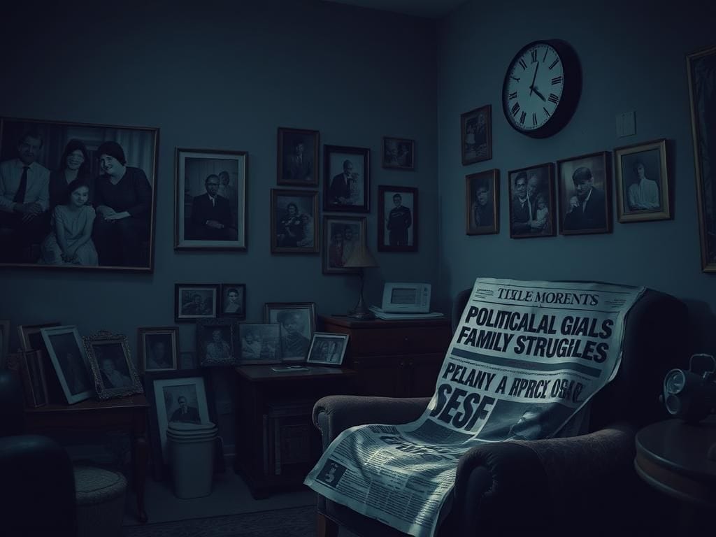 Flick International A contemplative living room depicting nostalgia and family moments with faded photographs