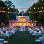Flick International Wide view of the White House lawn decorated for a grand event with tables and flowers