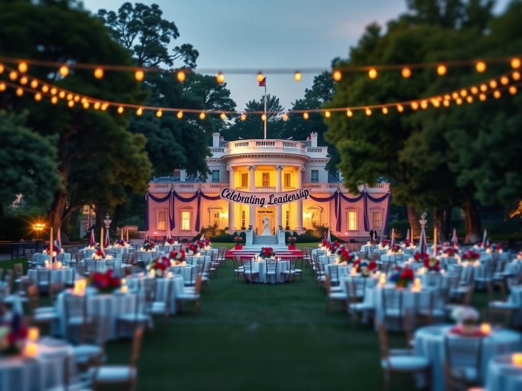 Flick International Wide view of the White House lawn decorated for a grand event with tables and flowers