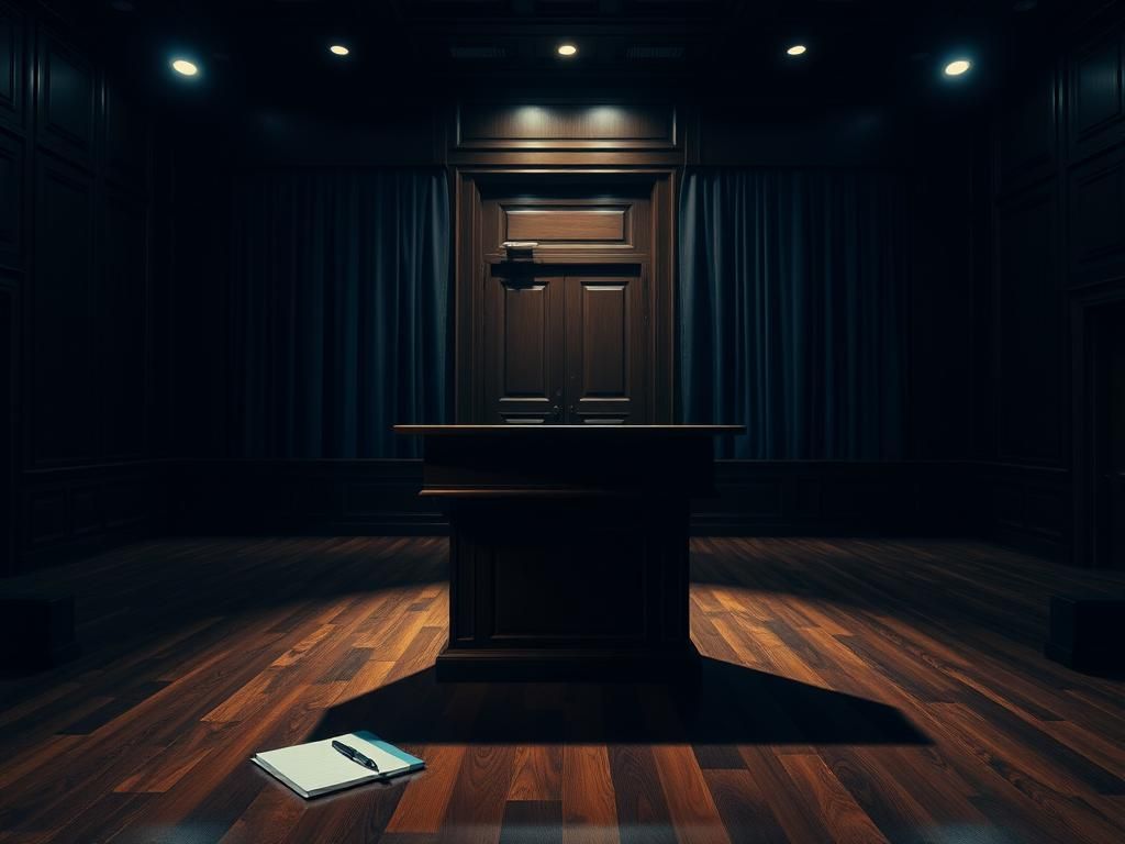 Flick International Dark courtroom setting with empty witness stand and legal notepad