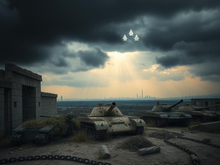 Flick International Dark stormy sky over a crumbling Iranian military base with abandoned tanks