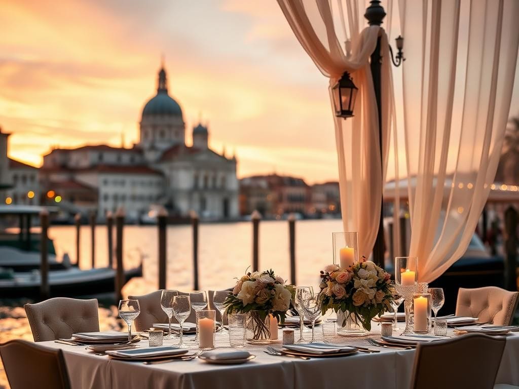 Flick International Luxurious outdoor wedding scene in Venice featuring an elegantly adorned dining table with fine china and floral arrangements