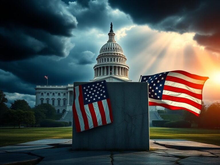 Flick International Dramatic political landscape featuring the U.S. Capitol and a weathered podium adorned with the American flag.
