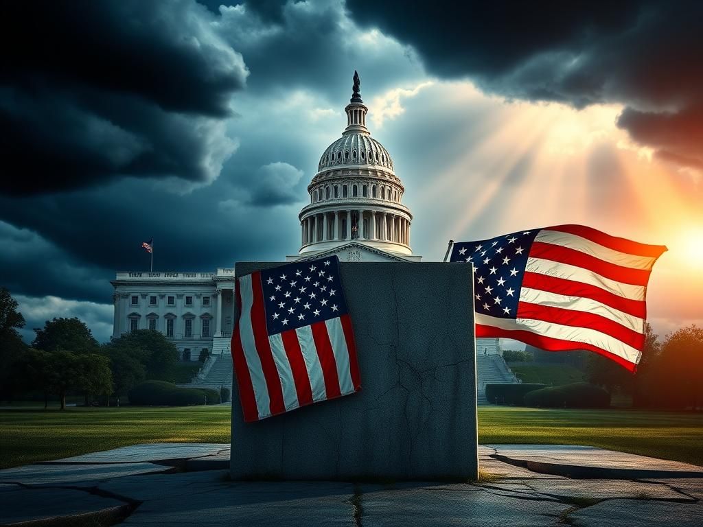 Flick International Dramatic political landscape featuring the U.S. Capitol and a weathered podium adorned with the American flag.