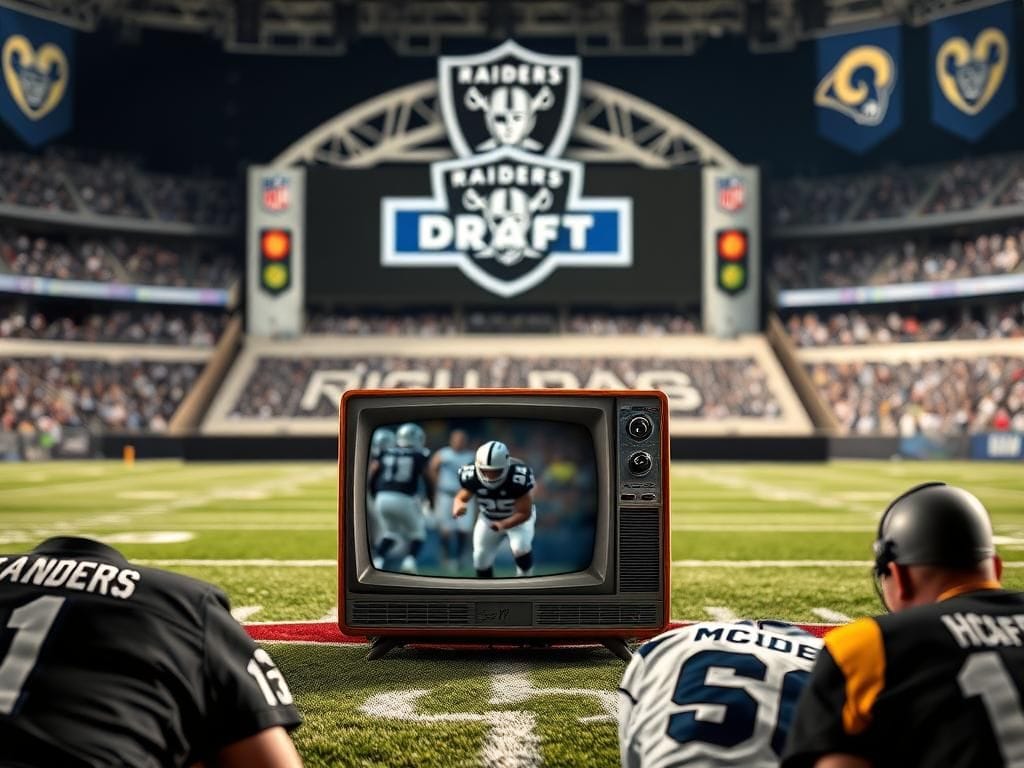 Flick International Artistic depiction of an NFL Draft scene featuring a Las Vegas Raiders logo and memorabilia